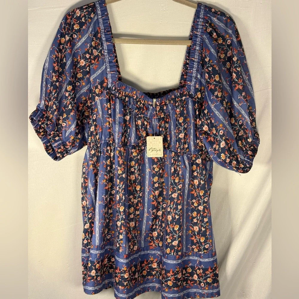 Free People Blue Floral Square-Neck Peasant Top